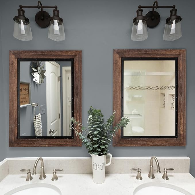YOSHOOT Rustic Wooden Framed Wall Mirror, Natural Wood and Iron Bathroom Vanity - Image 4