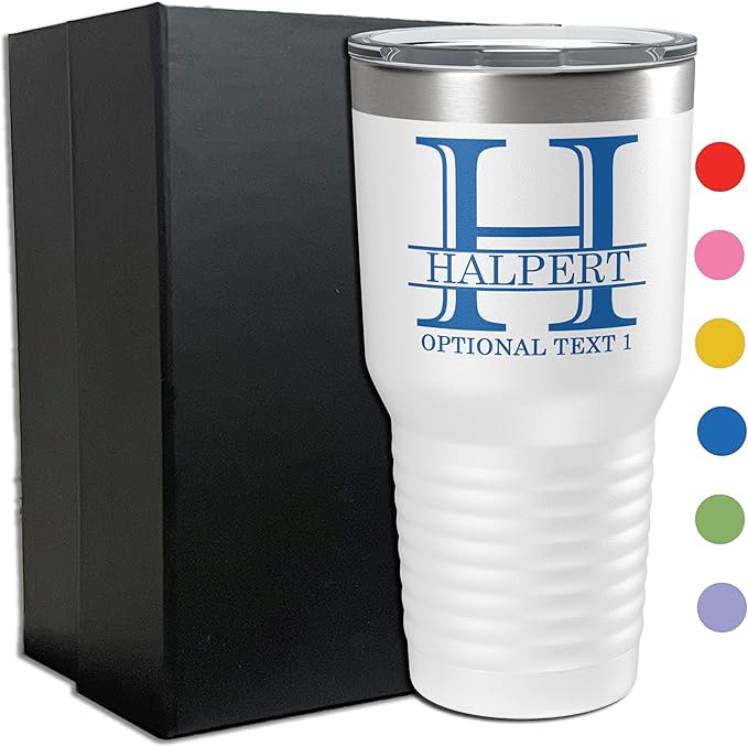 Personalized Printed 30oz Insulated Powder Coated Stainless Steel Tumbler with Lid, Custom Printed, White, Halpert