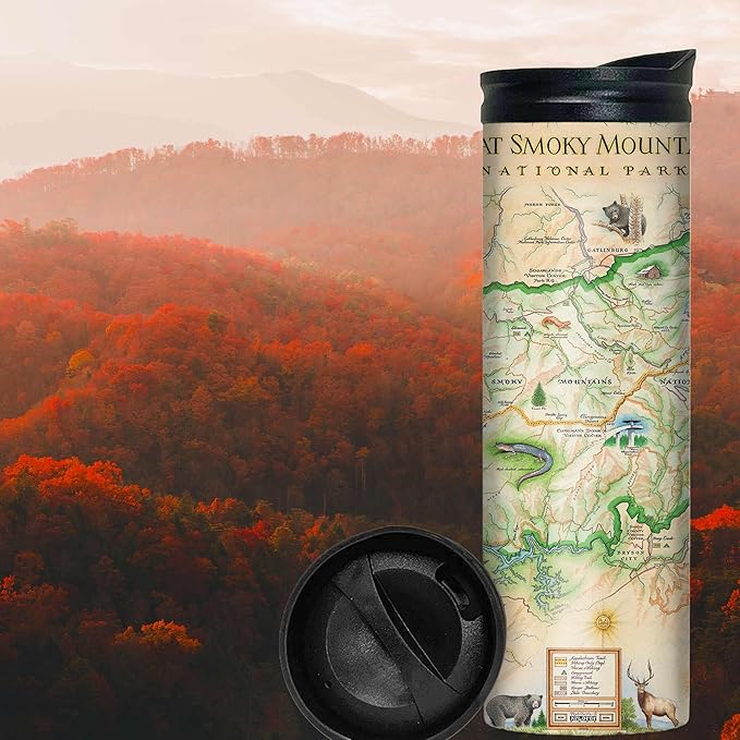 Xplorer Maps Great Smoky Mountains National Park Map 16 Oz Travel Drinkware with Spill-Resistant Lid - Stainless Steel Vacuum Insulated Coffee Tumbler