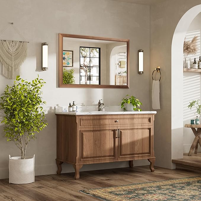 48x30 Inch Bathroom Mirror for Wall, Anti-Rust Walnut Wood Grain Metal Framed - Image 3