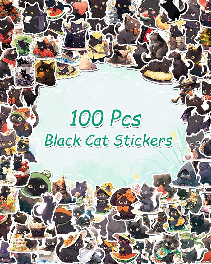 AOWDIAO 100 Pcs Black Cat Stickers Cute Cat Gifts Vinyl Cat Sickers for Water Bottles Laptop