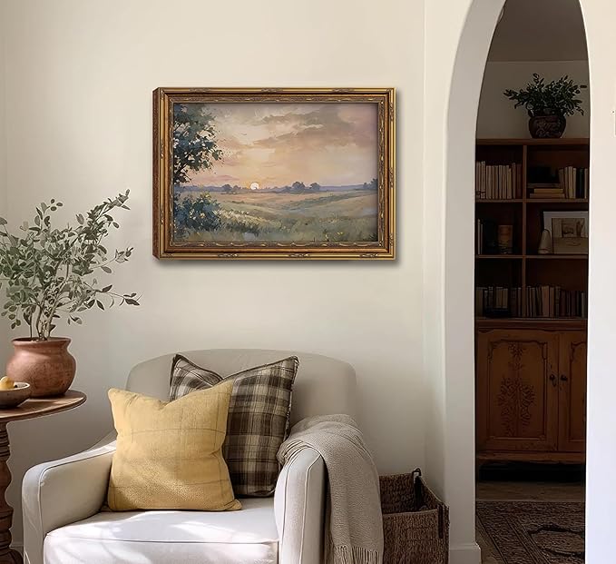 Vintage Gold Framed Wall Art Retro Fall Sunset Country Oil Painting Canvas - Image 9