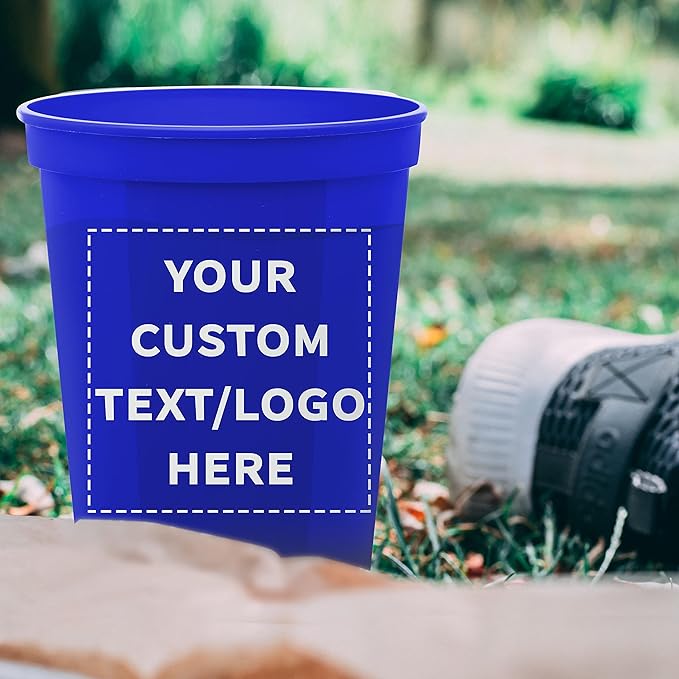 DISCOUNT PROMOS Custom Plastic Stadium Cups 16 oz. Set of 50, Personalized Bulk Pack - Perfect for Birthdays, Weddings, Picnic, Beach, Parties - Blue
