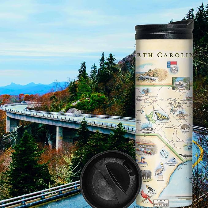 Xplorer Maps North Carolina Map 16 Oz Travel Drinkware with Spill-Resistant Lid - Stainless Steel Vacuum Insulated Coffee Tumbler