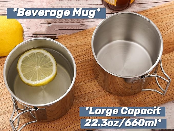 Hikaru Stainless Steel Camping Mugs Outdoors Cup with Foldable Handle 2 Piece Set 660ml/22.3oz Great for Backpacking , Hiking, Hunting, Fishing and Survival Adventure