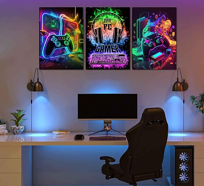 3Pcs Cool Gaming Wall Art Retro Video Gamer watercolor Posters Pictures - Image 3