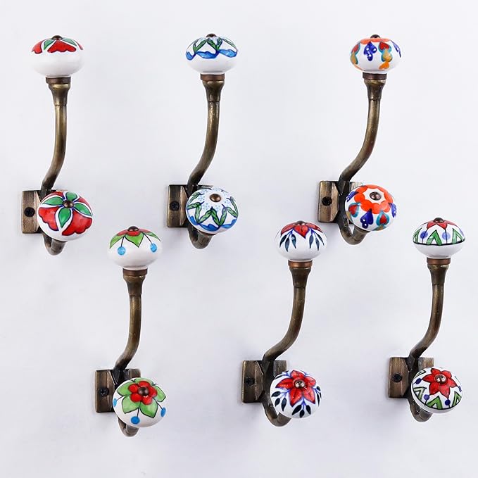 Indian Shelf Pack of 6 Heavy Duty Double Prong Multicolor Decorative Coat Hooks - Image 9