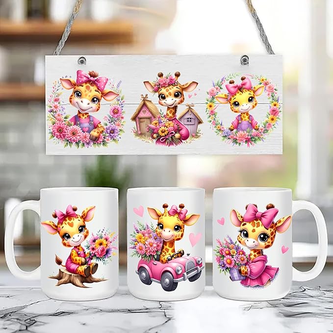 UV DTF Stickers - 12 Sheets Pink Cute Deer UV DTF Cup Wrap for Coffee Mugs Glass, DIY Decals for Tumblers, Waterproof Rub on Transfers for Crafts
