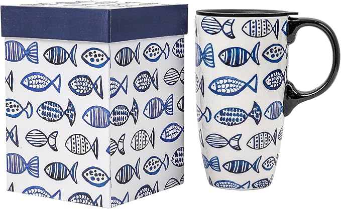 DUSVALLY Ceramic Mug Tall Coffee Cup with Lid, Porcelain Latte Tea Cup with Handle for Latte, Cappuccino and Cocoa, Dorm, Room and Office Coffee Cups, 17 oz, Fish