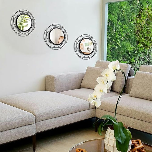 3 Set 13 Inch Black Circle Mirrors Wall Decor Iron Frame Wire Mirror Metal - Image 2