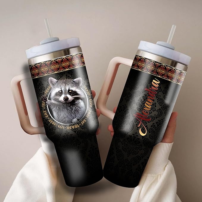 WAZONE Personalized Raccoon Coffee Tumbler Stainless Steel Tumblers With Lid 40oz Insulated Cups Custom Name Birthday Christmas Thanksgiving Gifts For Raccoons Lovers Friends Besties Sisters