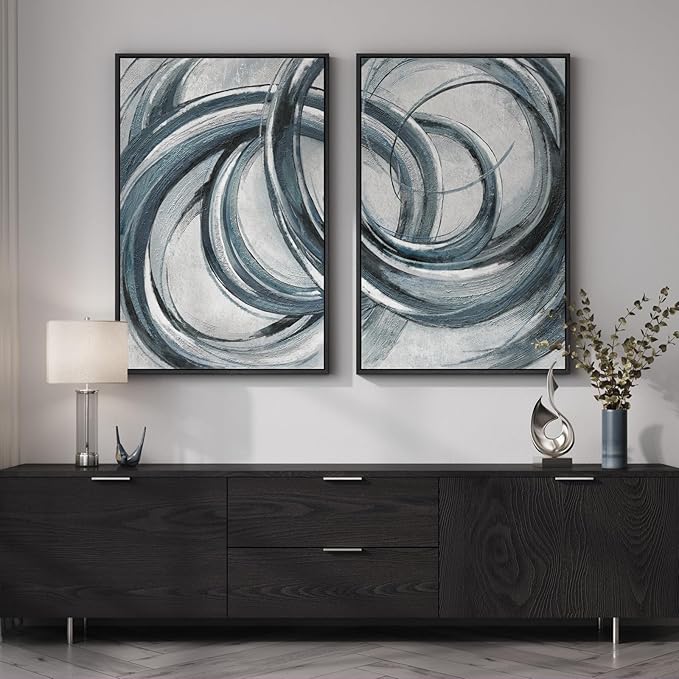 Framed Blue Gray Abstract Wall Art Set of 2, Modern Circle Line Canvas Artwork - Image 4