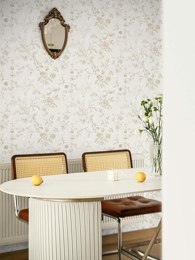 Ismoon Peel and Stick Wallpaper Floral Vintage Stick on Wall Paper Beige French - Image 5