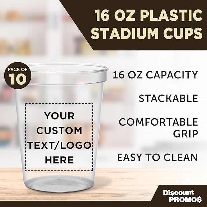 DISCOUNT PROMOS Custom Plastic Stadium Cups 16 oz. Set of 10, Personalized Bulk Pack - Perfect for Birthdays, Weddings, Picnic, Beach, Parties - Clear