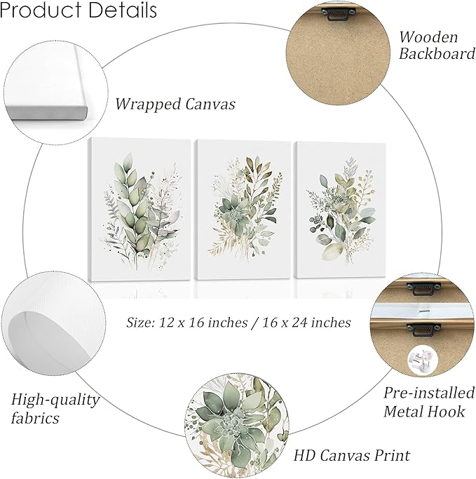 WRFON UnFramed Sage Green Botanical Wall Art Set of 3, Watercolor Eucalyptus & - Image 6
