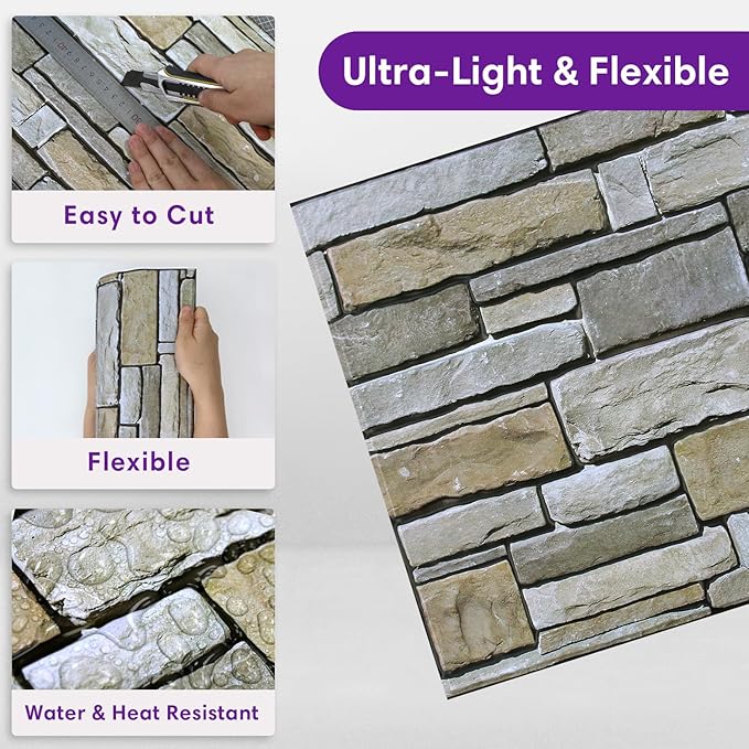 3D Peel and Stick Faux Stone Wall Panels 11.8" x 11.8" 10-Pack, Stone-Look Wall - Image 5