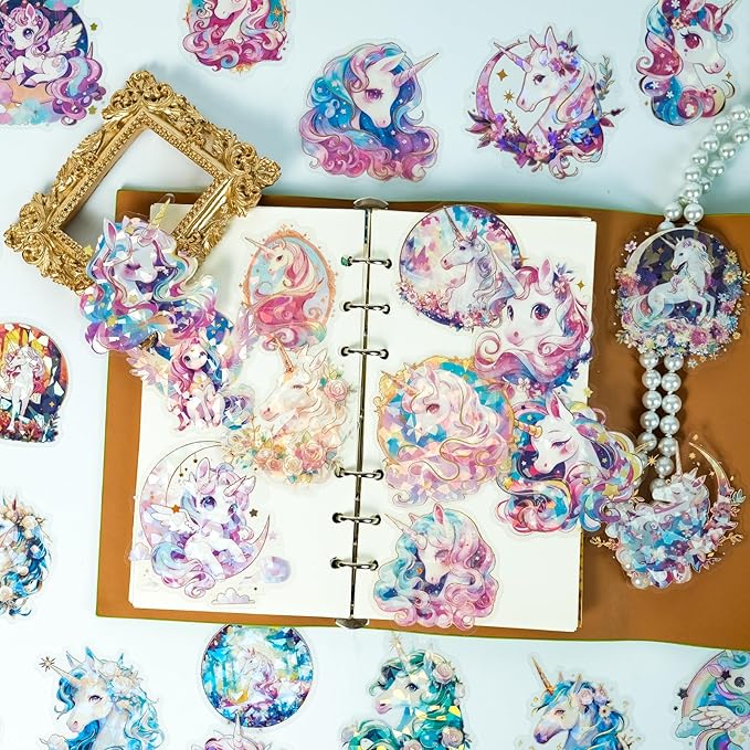 30-Piece Holographic Foil Unicorn Scrapbook Stickers - Transparent Waterproof Fantasy Colorful Unicorn Decals for Journaling, Resin Art Crafts, Gifts
