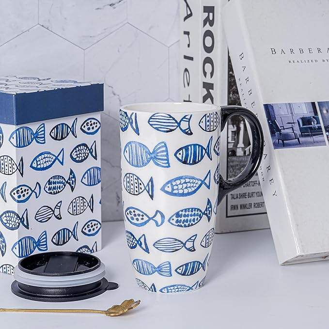 DUSVALLY Ceramic Mug Tall Coffee Cup with Lid, Porcelain Latte Tea Cup with Handle for Latte, Cappuccino and Cocoa, Dorm, Room and Office Coffee Cups, 17 oz, Fish
