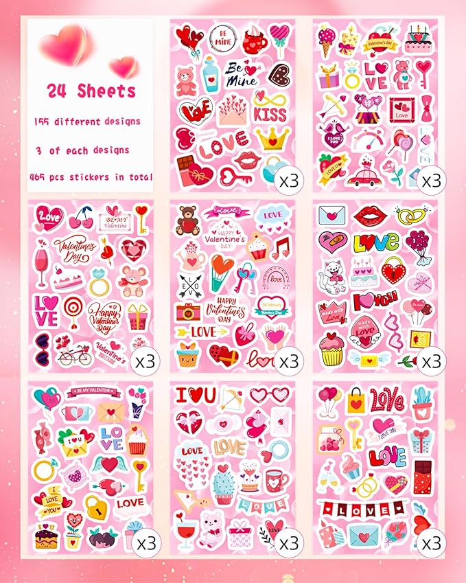 465 Bulk Valentines Stickers for Kids Party Crafts Supplies Classroom Exchange Gifts