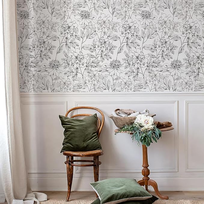 JiffDiff Peel and Stick Wallpaper Black and White Floral Wall Paper 17.3" x - Image 5