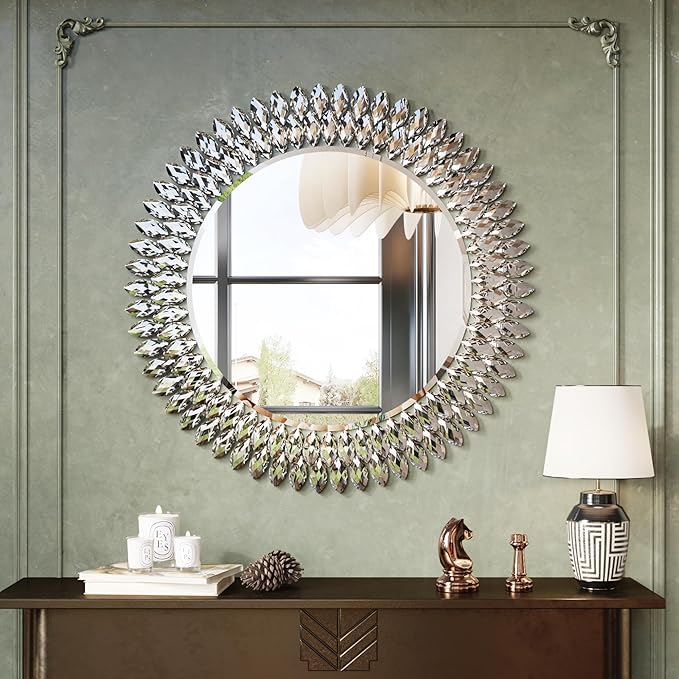 Kelly Miller Jeweled Mirror for Wall, 28 Inch Round Luxury Mirror by KellyMiller