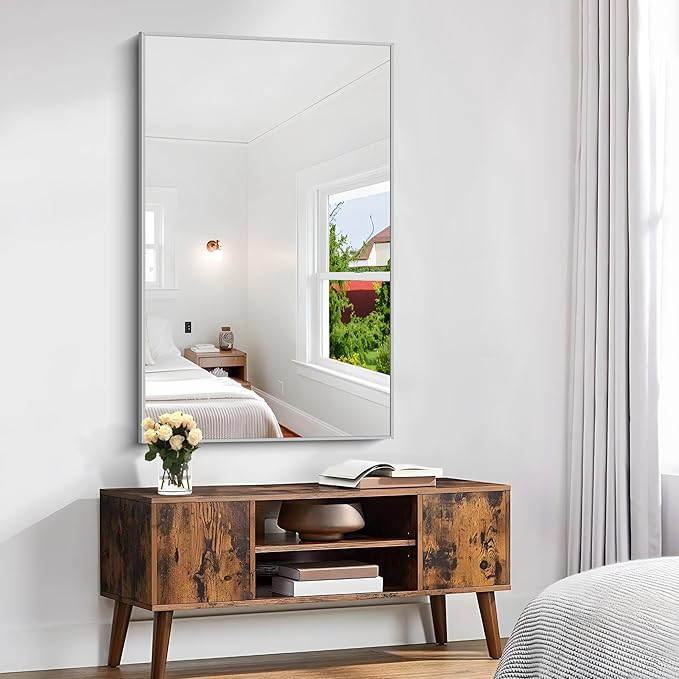 KOCUUY Silver Bathroom Mirror, HD Tempered Glass, Anti-Rust Brushed Silver Frame - Image 3