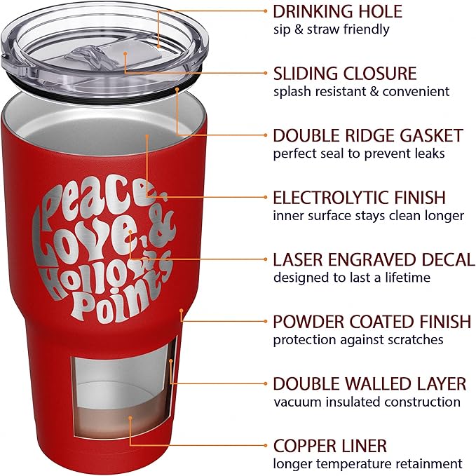 We The People Holsters - Peace - Love - Hollow Points - Coffee Tumbler - American Flag Coffee Travel Mug - Engraved Tumbler - Double Insulated Tumbler - 30 oz