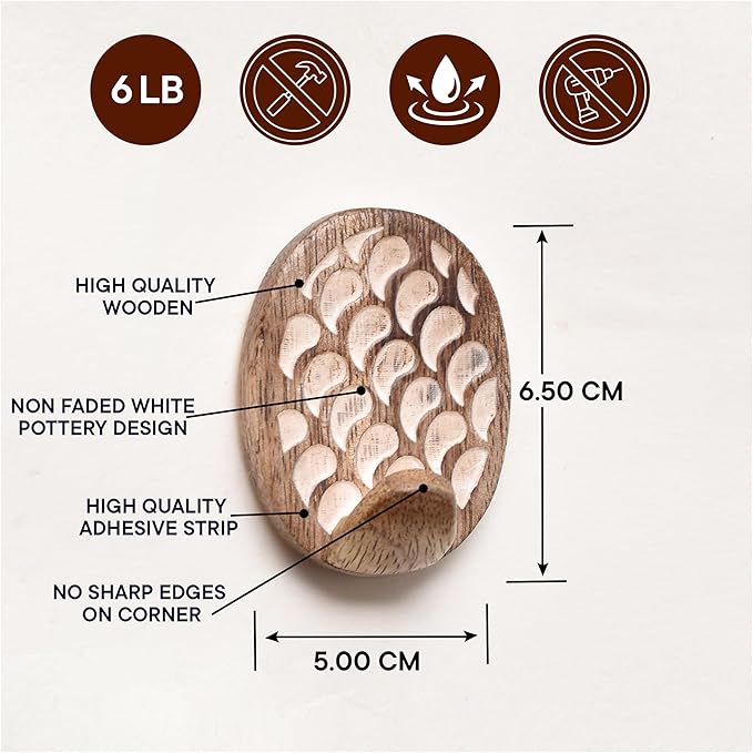 Indian Shelf 6 Lb- 6 Pieces Decorative Wood Adhesive Wall Hooks–Boho Peel and - Image 7