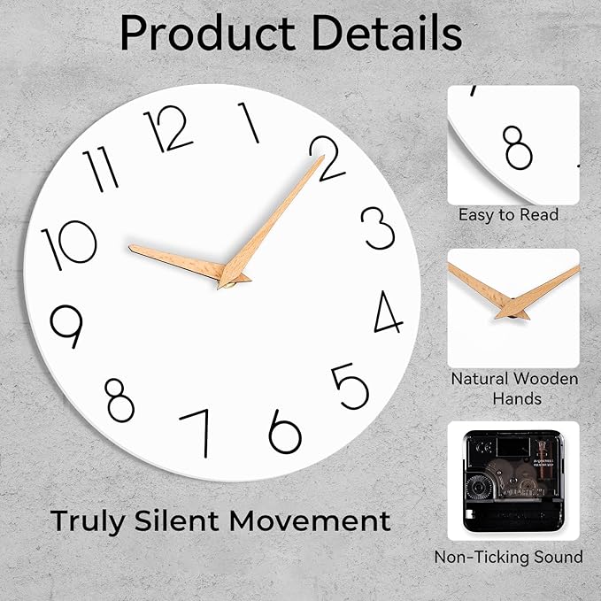 cicininc Wall Clock, 14 Inch Wooden Silent Non-Ticking, Decorative Battery - Image 5