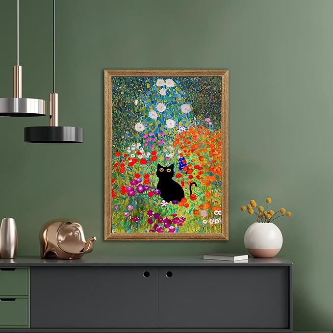 Fantasy Artists Gustav Klimt Canvas Wall Art, Framed Aesthetic Cat Floral Wall - Image 5