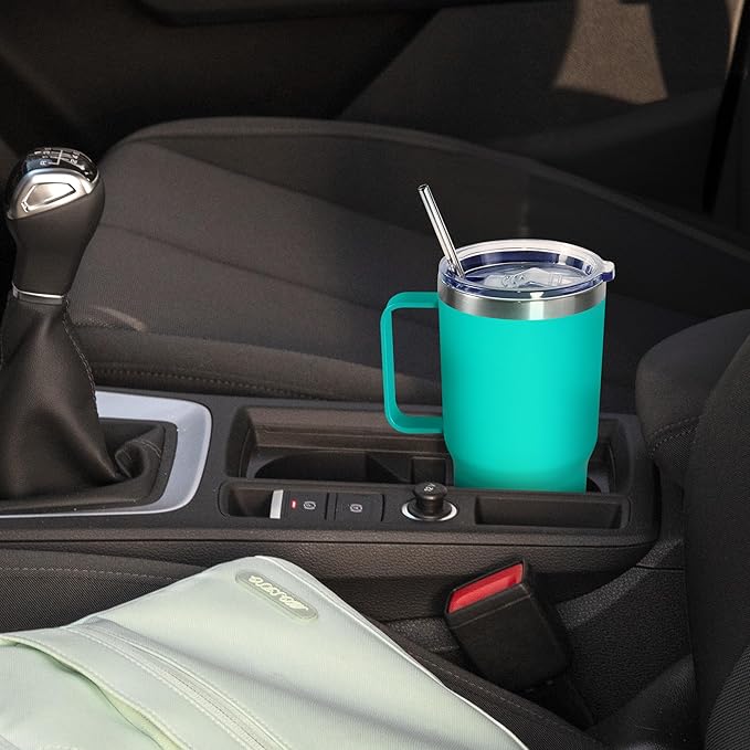 20 oz Tumbler with Handle, insulated cup coffee mug with lid, straw and handle, Double Wall Stainless Steel Vacuum Coffee Tumbler travel mug spill proof, 1pcs Light Green