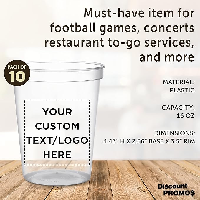 DISCOUNT PROMOS Custom Plastic Stadium Cups 16 oz. Set of 10, Personalized Bulk Pack - Perfect for Birthdays, Weddings, Picnic, Beach, Parties - Clear