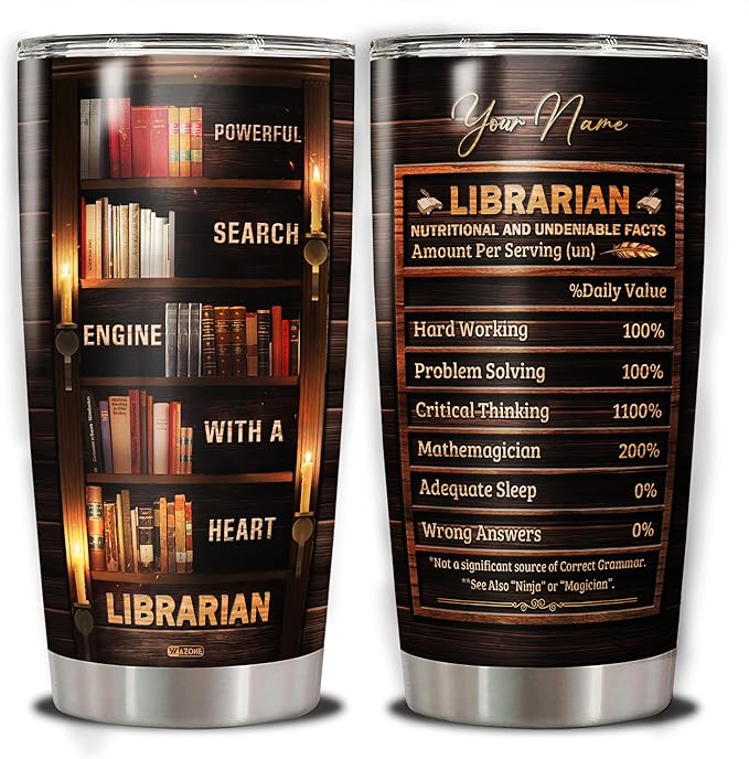 WAZONE Personalized Librarian Coffee Tumbler 20oz 30oz Custom Name Vintage Stainless Steel Cup Insulated Bookish Gifts Bookaholic Travel Mug For Women Book Lover Librarians Library Workers
