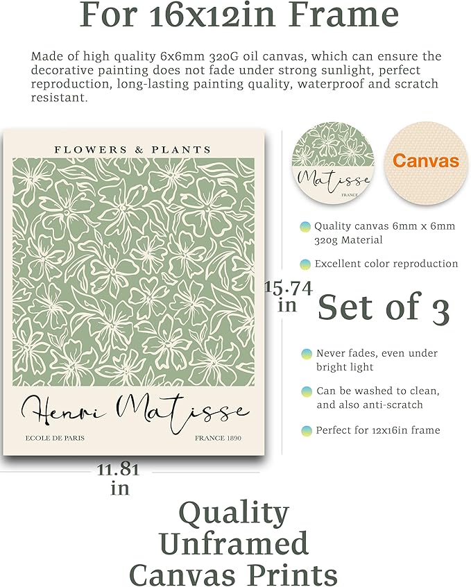 HesenDot Matisse Sage Green Wall Art Set of 3, William Morris Wall Art Decor - Image 2