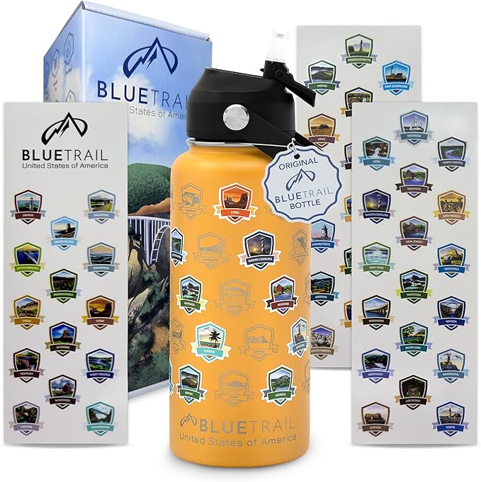 BlueTrail 50 States Water Bottle with Stickers - 32 oz Insulated Stainless Steel, Upgraded Leak-Proof Lid, UV & Waterproof Permanent Stickers, Laser Engraved 50 States of the USA (Copper Glow)