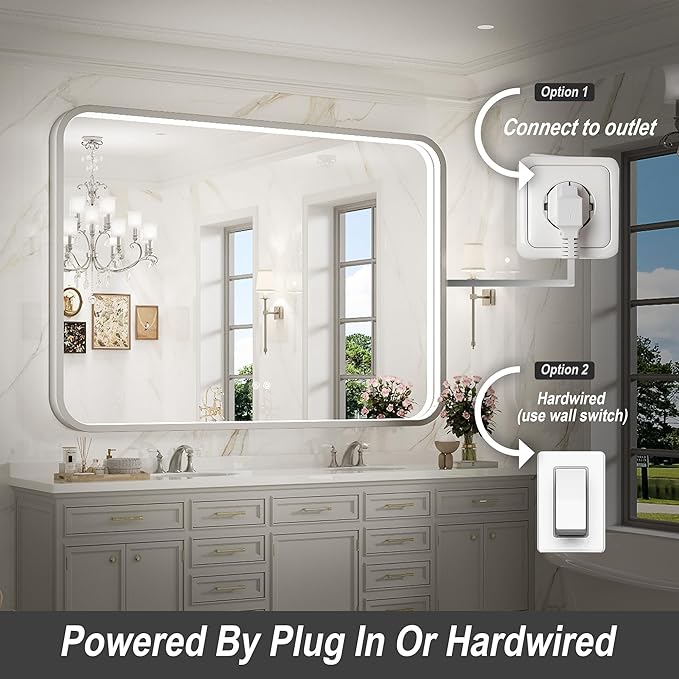 LED Bathroom Mirror with Lights, 43x36 Inch Brushed Silver Framed Lighted - Image 5