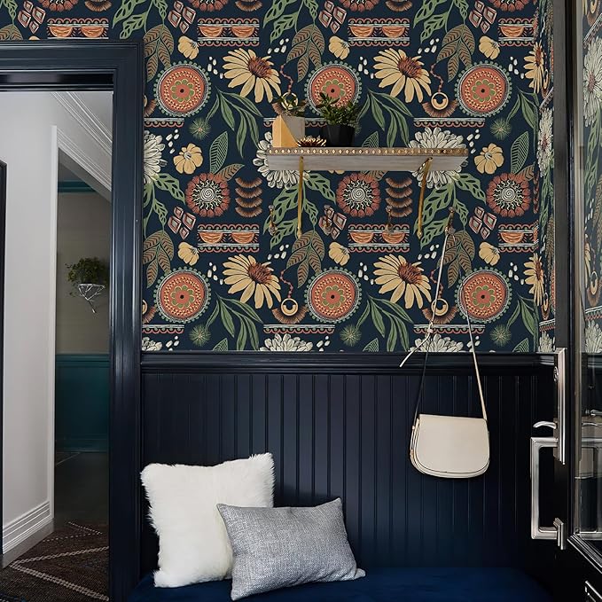 Simon&Siff Boho Peel and Stick Wallpaper, 17.3" x 80" Blue Sun Floral Retro - Image 6