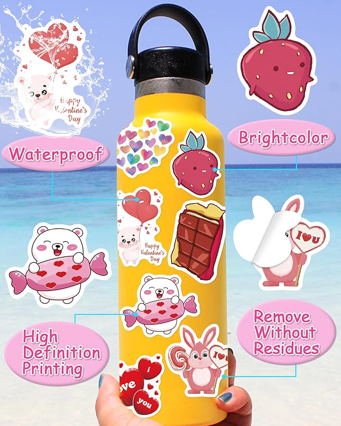 Valentines Day Stickers, Heart Stickers for Water Bottles Cards Gift Boxes Party Favors, Valentines Gifts for Kids Classroom, Waterproof Vinyl Love Sticker for Kids Teens Girls