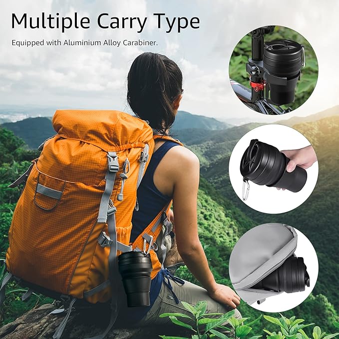 Collapsible Coffee Cup, 2 Pack 16 OZ 480ml Silicone Travel Folding Cup, Leak Proof BPA Free Portable Cup, Travel mug with Lids for Camping hiking