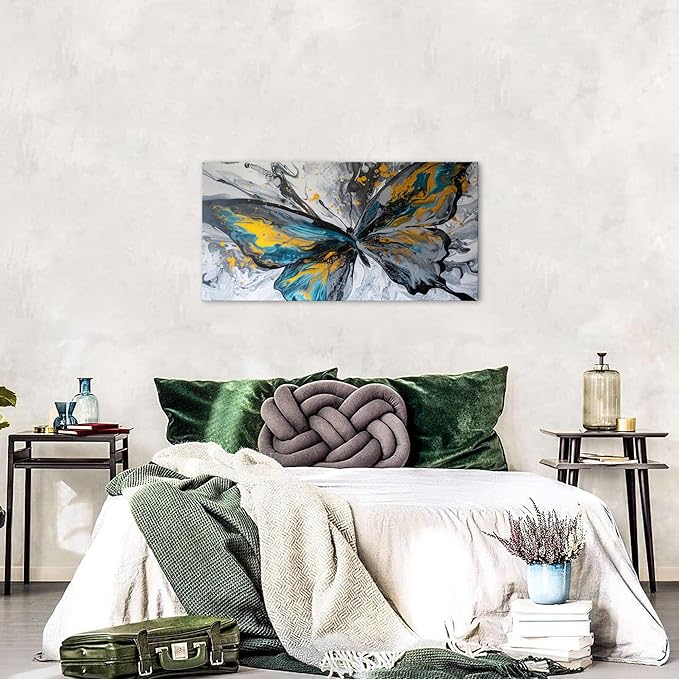 Abstract Butterfly Wall Art Teal Grey Yellow Butterfly Wall Decor Modern Marble - Image 3