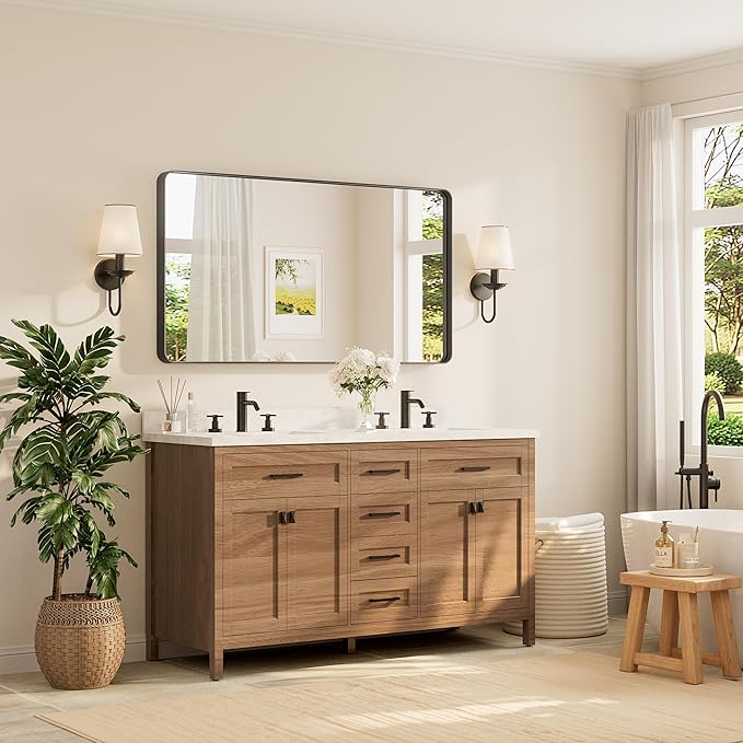 TETOTE 55 x 30 Inch Bathroom Mirror, Matte Black Modern Metal Frame Rectangle - Image 2