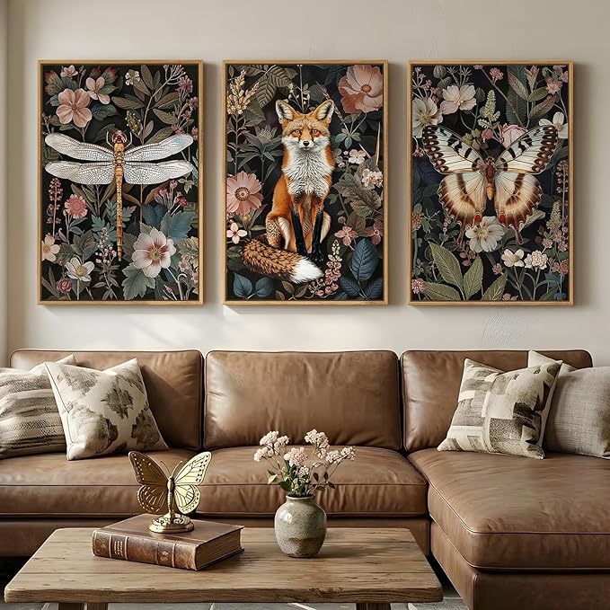 Framed Vintage Botanical Animal Wall Art Set of 3, Dark Floral Butterfly by Cuspin