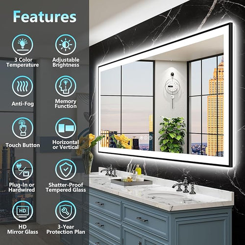 84x40 Black Framed LED Bathroom Mirror - Image 2