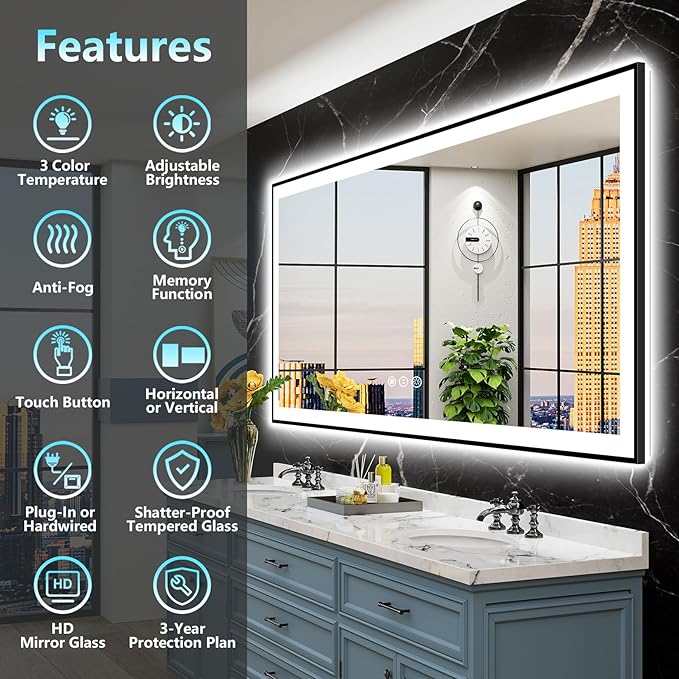 84x32 Black Framed LED Bathroom Mirror - Image 2