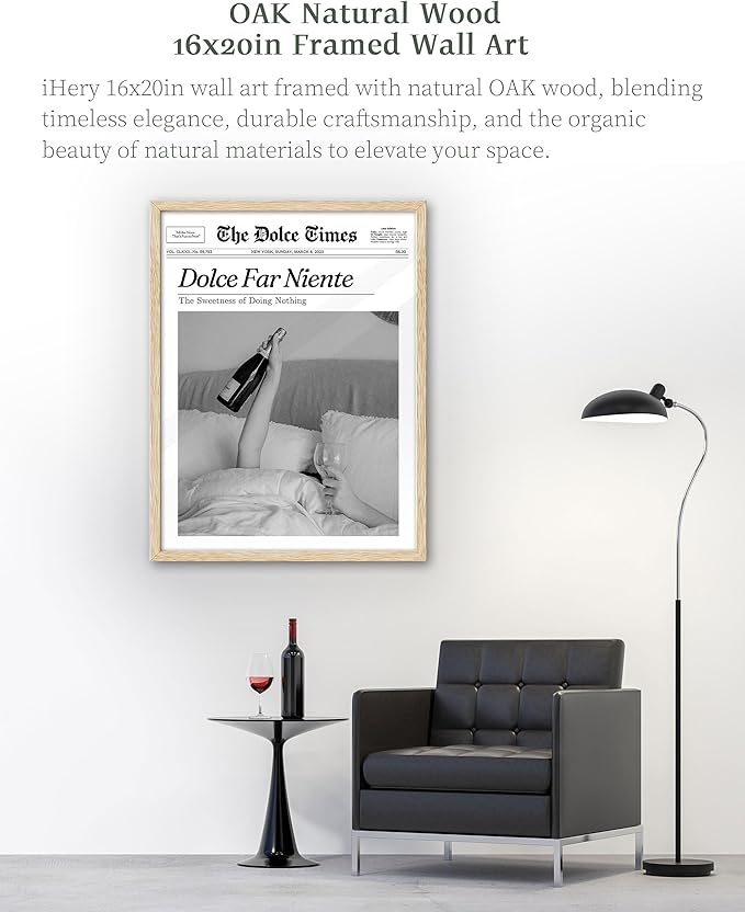 iHery Dolce Far Niente Framed Trendy NewsPaper Wall Art, Natural OAK Wood Large - Image 4