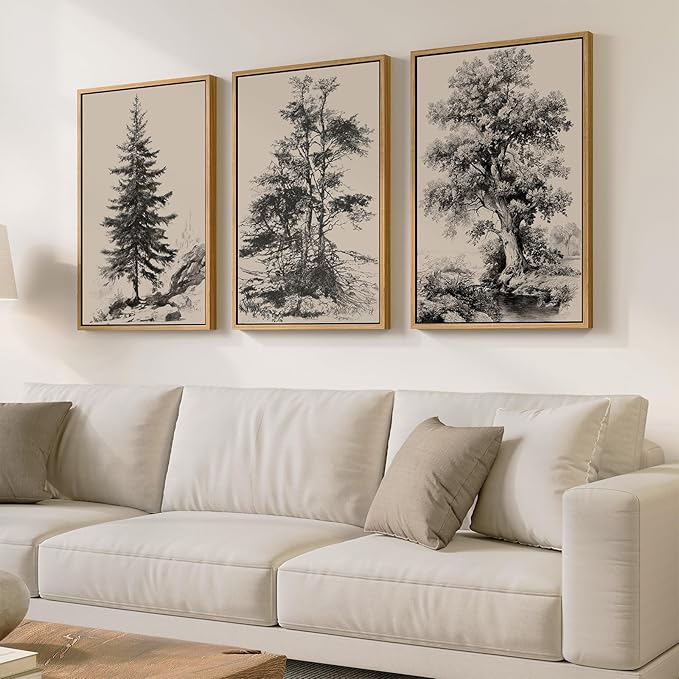 Large Framed Vintage Wall Art for Living Room, 3 Piece Tree Forest Artwork for by Cuspin
