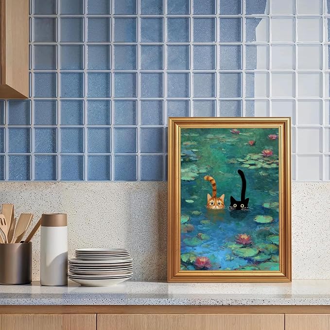 Fantasy Artists Gold Framed Wall Art Prints, Two Swimming Cats in Lotus Pond - Image 2