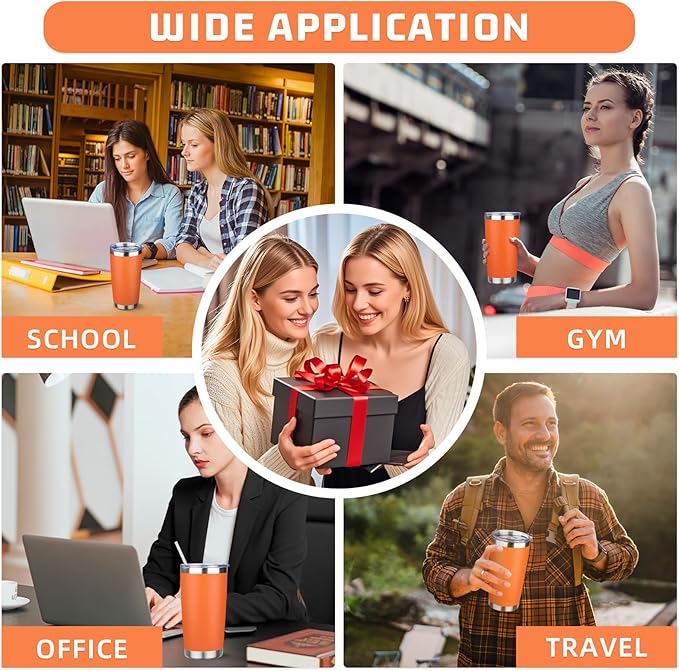 20 oz Tumbler with Lids and Straws, Stainless Steel Insulated Travel Coffee Mug, Double Wall Vacuum Insulated Tumblers, Powder Coated Coffee Tumbler for Cold & Hot Drinks (Orange)