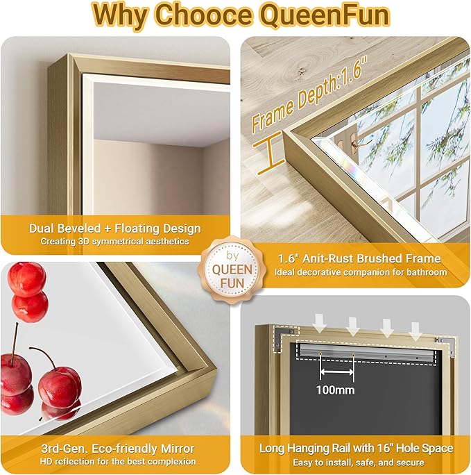 40 x 30 Gold Bathroom Mirror, Brushed Gold Beveled Bathroom Mirror, - Image 8