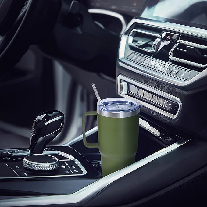 20 oz Tumbler with Handle, insulated cup coffee mug with lid, straw and handle, Double Wall Stainless Steel Vacuum Coffee Tumbler travel mug spill proof, 1pcs Army Green